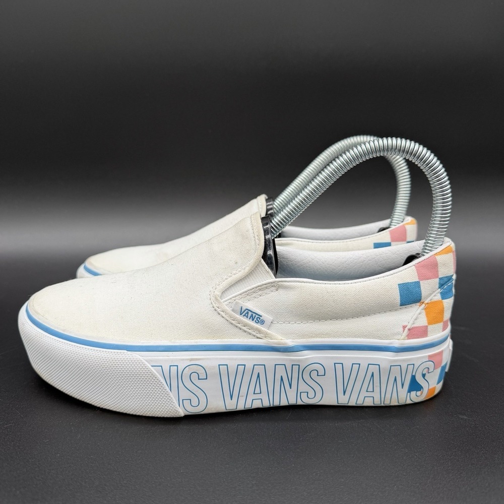 Vans Classic Slip-On Womens‎ Size 6 White Stitch Canvas Checkered Heel Shoes